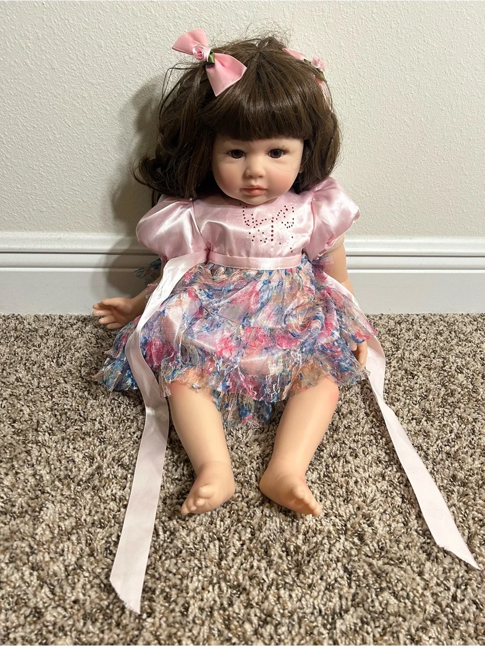 Pink Fabric Dress Baby Doll with Multicolor Skirt